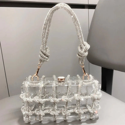 Bolsa de Noite com Alça e Strass Prateada de Cristal Feita à Mão para Mulheres, Bolsas e Bolsas de Mão de Designer de Luxo para Banquete
