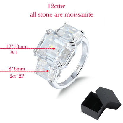 12cttw Emerald Cut Full Moissanite Engagement Ring for Women 3 Stones Sterling Silver 925 Wedding Band with Certificate