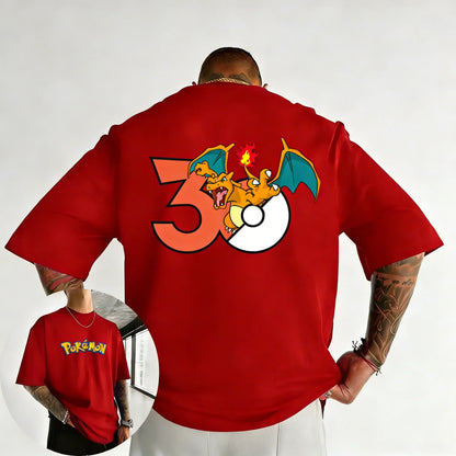 30th Anniversary Charizard Printed T-shirt Summer Men's and Women's Loose Casual Hip Hop Trendy Short Sleeve Top