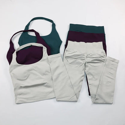 Seamless Gym Set Women Workout Clothes Low Waist Scrunch Yoga Leggings Sets Padded Halter Tank Top 2 Piece Sports Suits