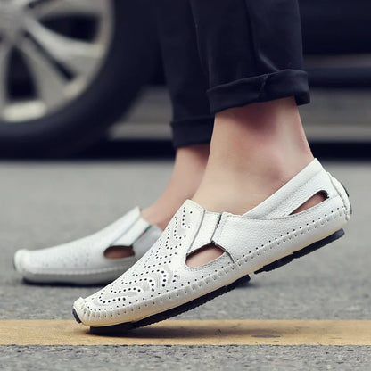Men's Hollow Leather Shoes Summer Breathable Sandals Genuine Leather Slip-on Loafers Flat  Soft Soled Driving Casual Shoes