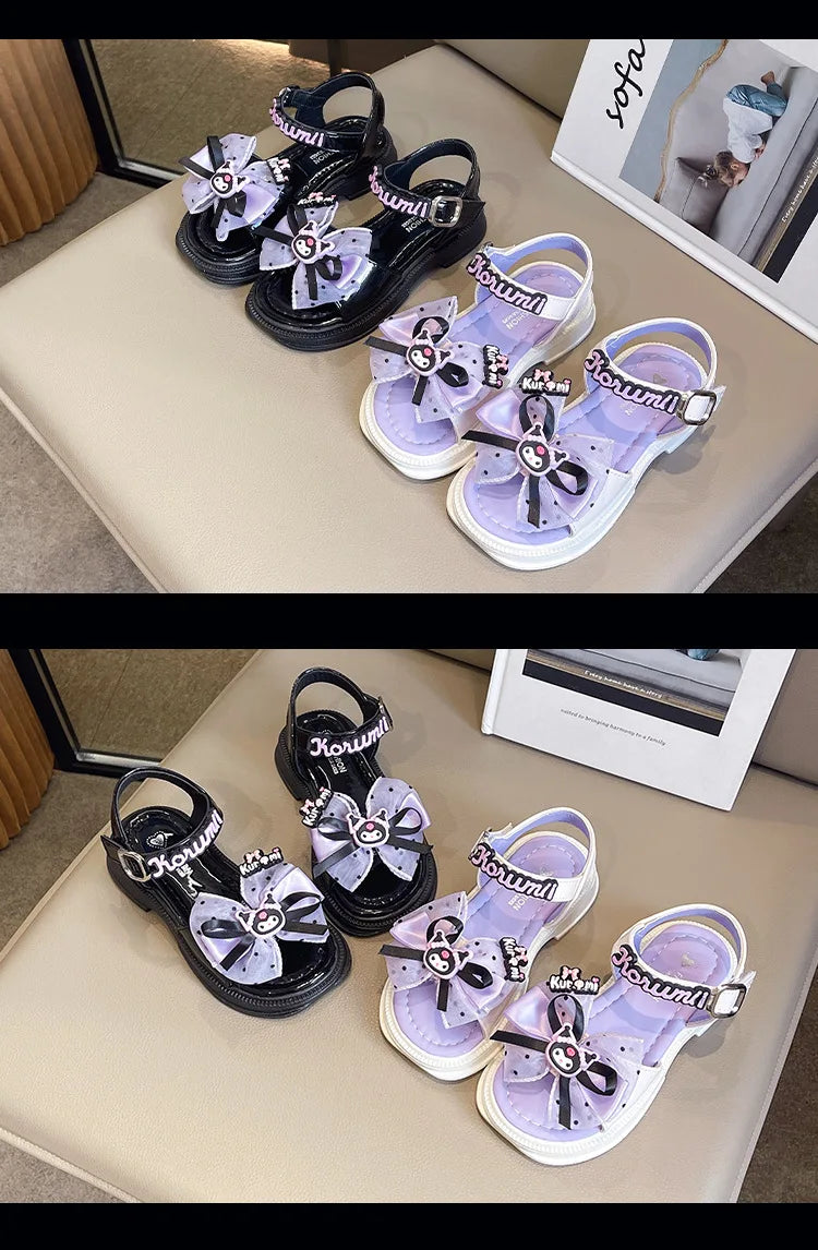 Kids'Sandals Kuromi PU Leather Bow Flat Spring Shoes For Girls Anti-slip Soft Thick Bottom White Black Shoes Size 25-36