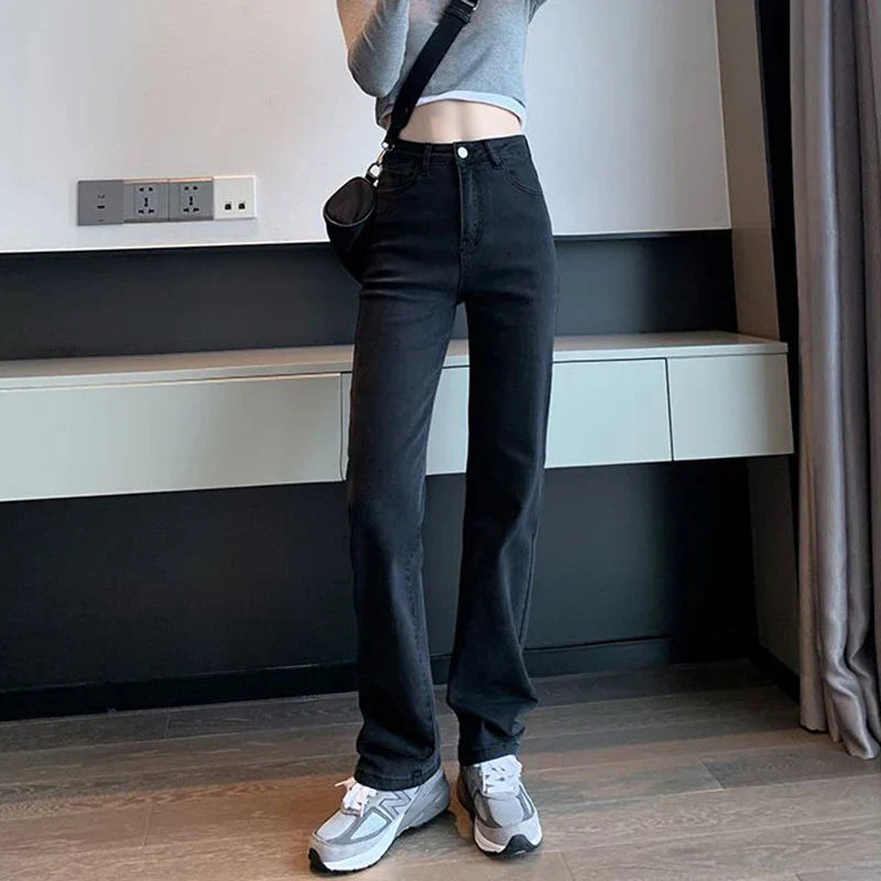 Women Straight Leg Elastic Jeans Pants Lady Comfortable High Waisted Denim Pants Girls Classic Designer Jeans Trousers