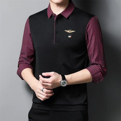 2025 New Men's Casual and Fashionable Long Sleeved POLO Shirt with Contrasting Print Anti Wrinkle Top
