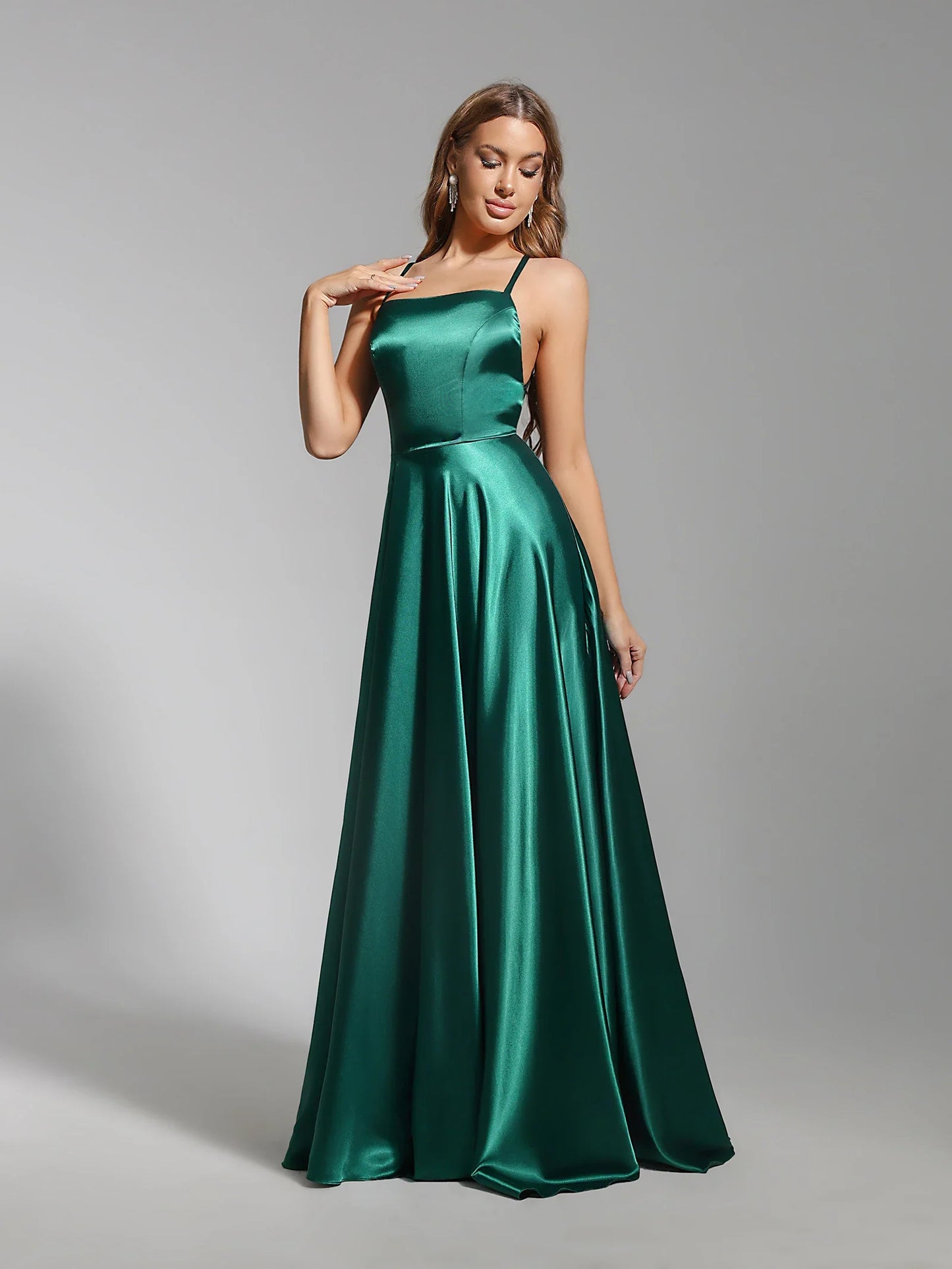 Women Sexy Prom Dresses Lace-Up Spaghetti Straps Backless Sling Evening Dress Satin A-Line High Split Maxi Train Party Gowns