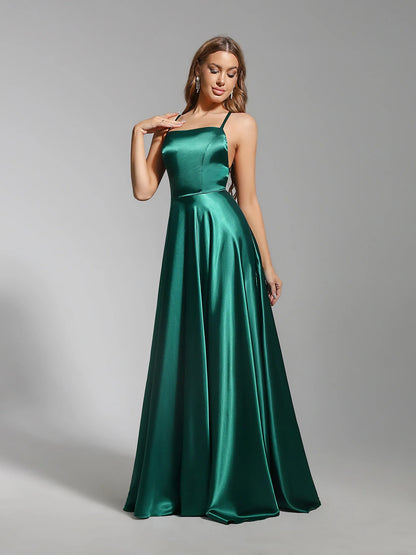 Women Sexy Prom Dresses Lace-Up Spaghetti Straps Backless Sling Evening Dress Satin A-Line High Split Maxi Train Party Gowns