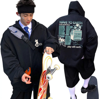 Korean Band Wave To Earth Print Zipper Hoodie Men's Casual Oversized Zip Up Jacket Men Women Hip Hop Fashion Y2k Zip Up Hoodies