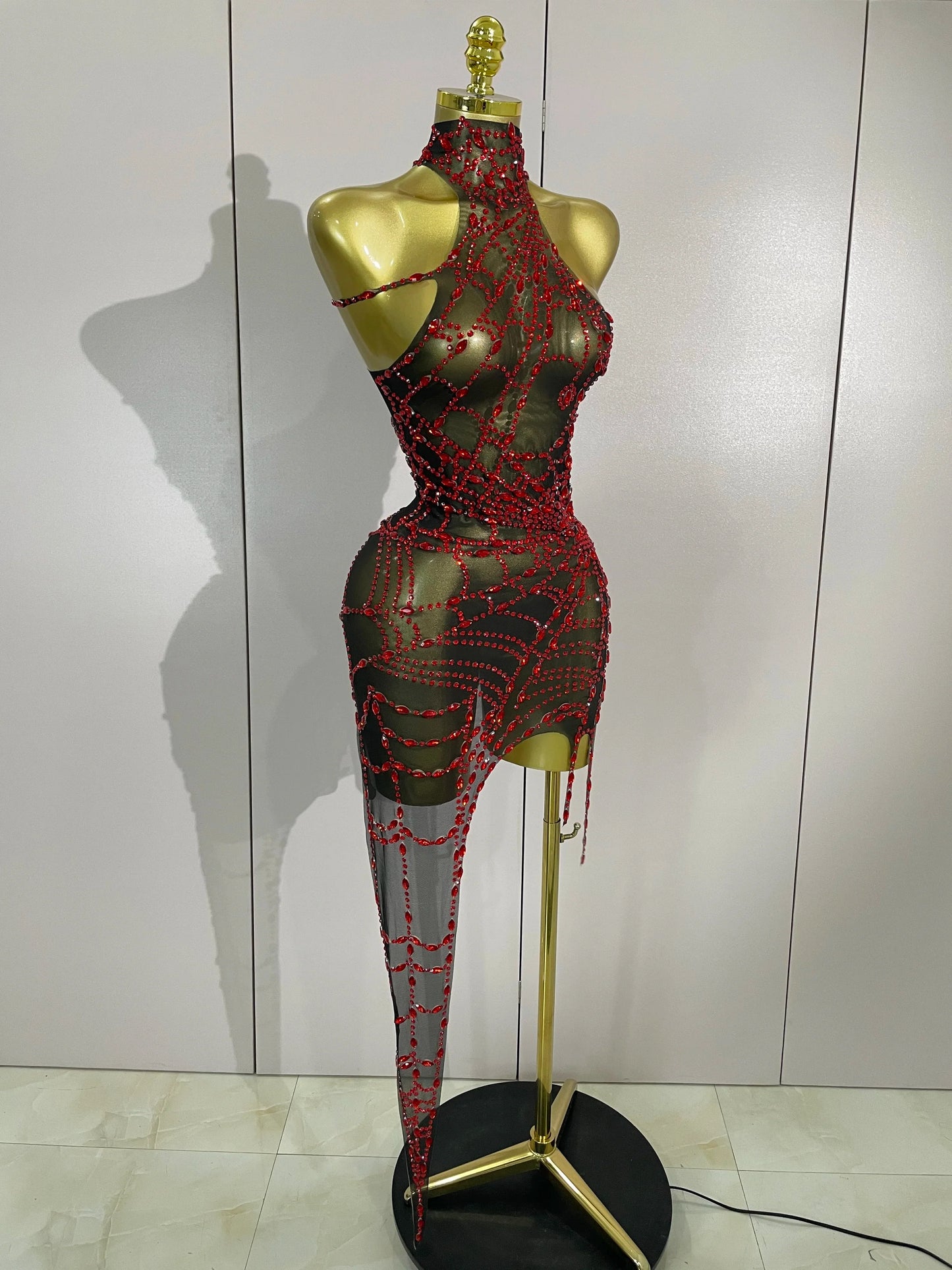 Sparkly Diamond Sexy Mesh Asymmetric Bodycon Mini Dress Women Nightclub Bar Party Show Gogo Dancer Clothing Stage Costume