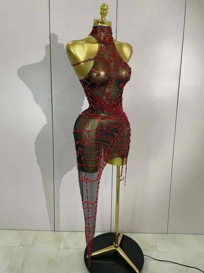 Sparkly Diamond Sexy Mesh Asymmetric Bodycon Mini Dress Women Nightclub Bar Party Show Gogo Dancer Clothing Stage Costume