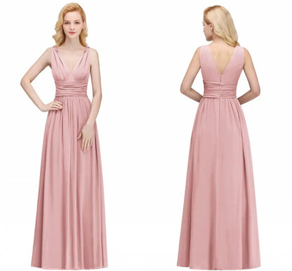 Elegant Burgundy V Neck Long Evening Dresses Summer Sleeveless Chiffon Ruched Formal Wedding Party Prom Gowns Vestido De Fiesta