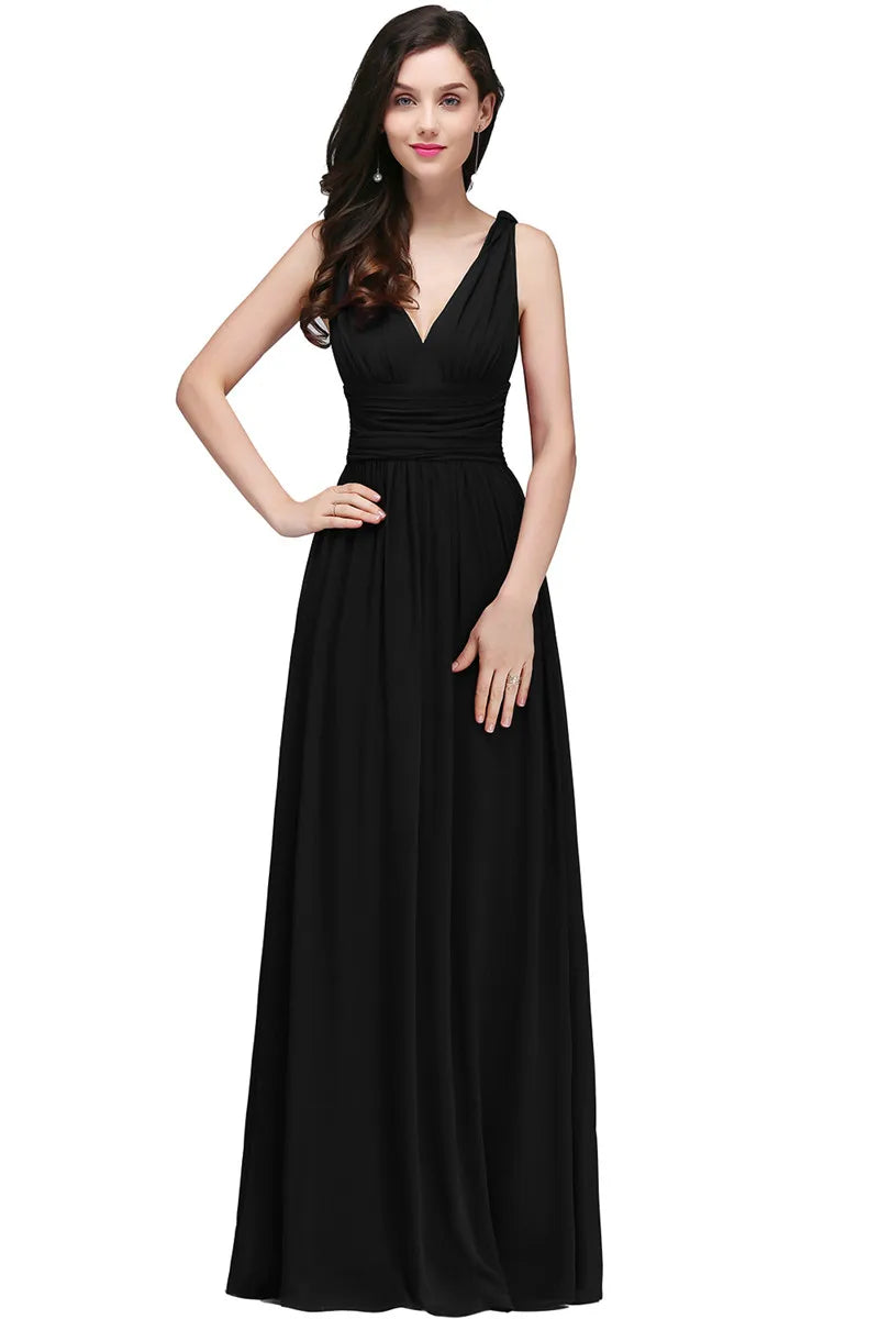 Elegant Burgundy V Neck Long Evening Dresses Summer Sleeveless Chiffon Ruched Formal Wedding Party Prom Gowns Vestido De Fiesta