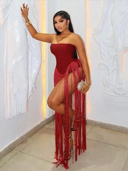 Valentine's Day Bodysuit Women Strapless Patchwork Tassel Sexy Beach Vacation Clubwear Midnight Party Tight Body Tops