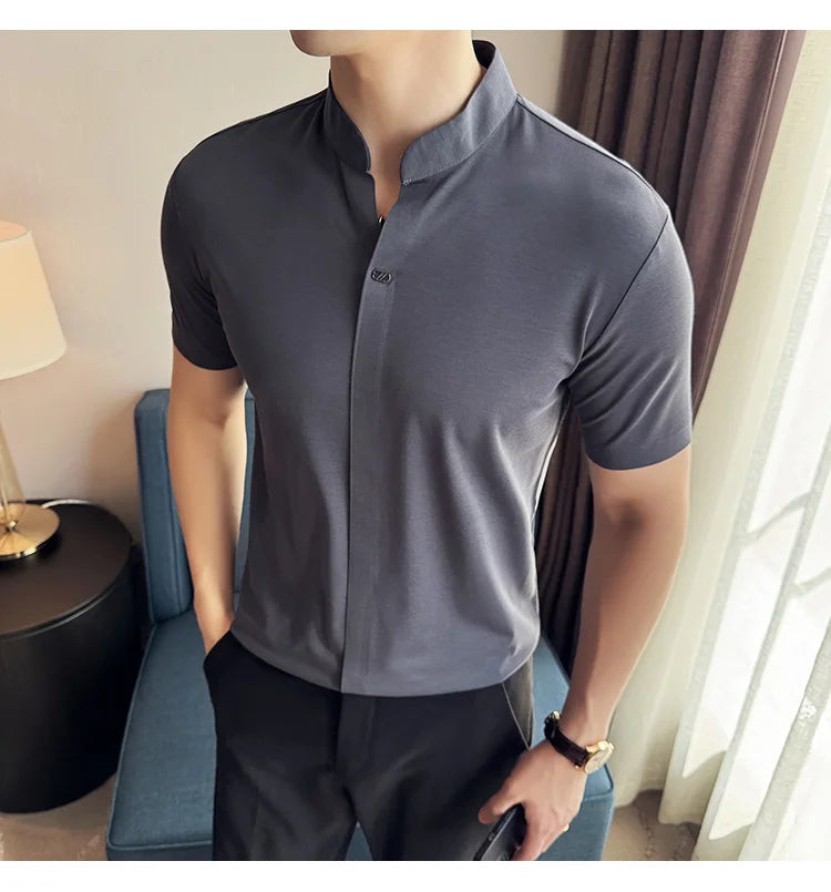 Men's High Elastic V-neck Polo Shirt, Thin Short-sleeve T-shirt, Business Casual Men's Top, 2024 High Quality, M-4XL.