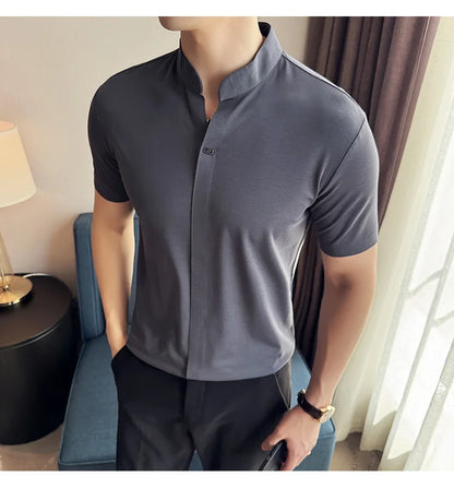 Men's High Elastic V-neck Polo Shirt, Thin Short-sleeve T-shirt, Business Casual Men's Top, 2024 High Quality, M-4XL.