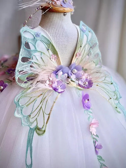 Vestido de princesa infantil borboleta com asas de malha fofa para meninas de 2 a 6 anos, vestido elegante para festa de aniversário com flores