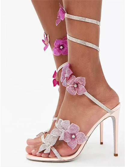 Luxury Designer Pink Flower Rhinestone High Heels Sandals Shoe Sexy Wrap Strap Open Toe Stripper Prom Party Ladies Shoes