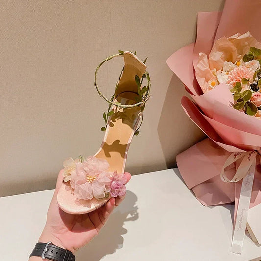 Summer Pink Sweet Chiffon Flower Dream High Heels Lace up Sandals Wedding Banquet Women's Shoes