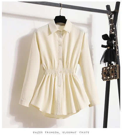 2026 Women's Plus Size Blouse Korean Style Spring Autumn Loose Elegant Casual Mid-length Tops Long Sleeved Waist Cinching Shirts