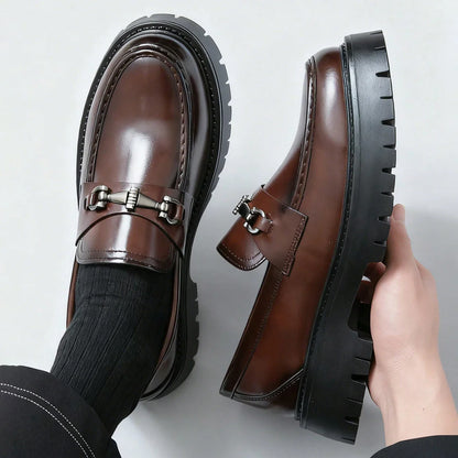 Europe Fashion Thick Sole Men's Penny Loafers Slip-On Business Dress Shoes Gentleman Glossy Buckle Formal Party Black Shoes