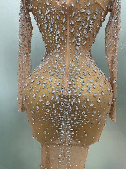 Shinny Rhinestone Stretch Mesh Transparent Long Dress 2025New Women Evening Birthday Party Prom Nightclub Singer Stage Wear