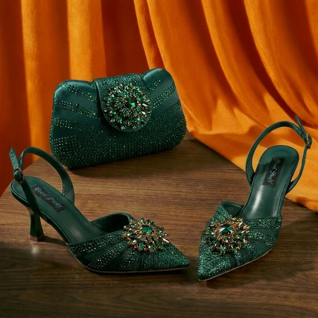 New Itlian Design Blue Color Rhinestone High Heel Shoe And Bag Fashion Style Pointed-Toe Shoes For Comfort Included Women Shoes