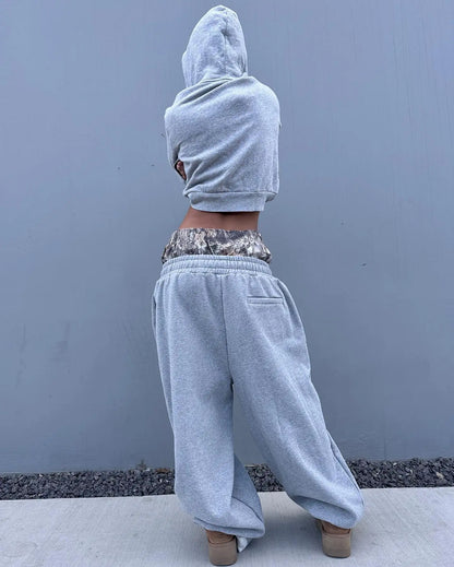 Y2K Retro Sweatpants Double Waisted Embroidered Camouflage Pattern Wide Leg Pants Men Trend Casual Streetwear Unisex Baggy Pants