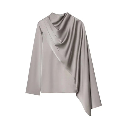 2026 Spring new women's elegant fashion shawl design satin drape top asymmetric wrinkled long-sleeved shirt