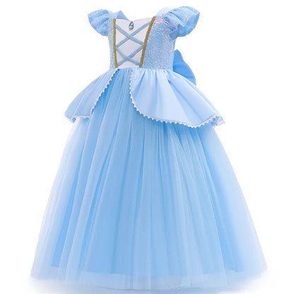 Summer Kids Cinderalla Princess Cosplay Costume Clothes Girls Sequins Dress with Crown Gloves Birthday Party Ball Gown 2-10 Y