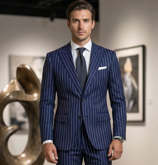 Two Piece Pinstripe Men's Suit Slim Fit for Formal Wedding Tuxedo Notched Lapel Navy Blue Striped Business Groom Male Fashion