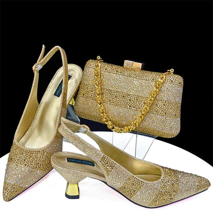 High Heels Shoes for Women Embroidery Rhinestone Italian Design Gold Color Pointed Toe Shoes and Bags Set Fashio