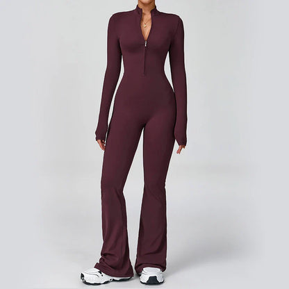 VITALINOVO Women Long Sleeve Flare Workout Jumpsuit Zip Up Romper Bottom Pants Wide Leg Full Length Bodysuit Bodycon One Piece