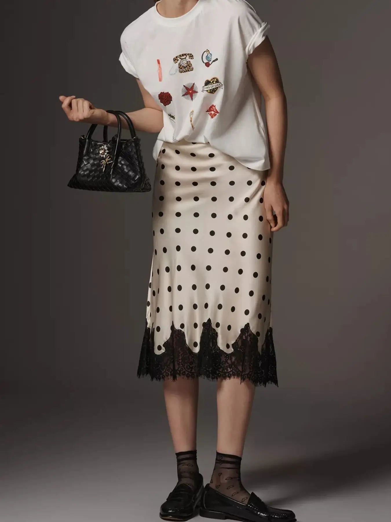 Women's Polka Dot Print Satin Skirt Sexy Lace Patchwork High Waist Skirts Chic Commute Street Party Lady Clothes for 2026 Summer