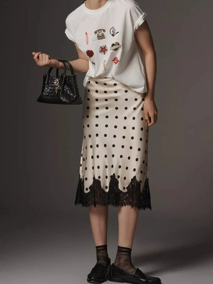 Women's Polka Dot Print Satin Skirt Sexy Lace Patchwork High Waist Skirts Chic Commute Street Party Lady Clothes for 2026 Summer