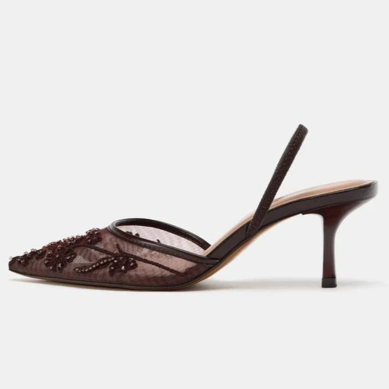 Luxury Mesh String Bead Design High Heels Women High Quality Hand Embroidery Heeled Sandals Elegant Banquet Slingback Dress Shoe