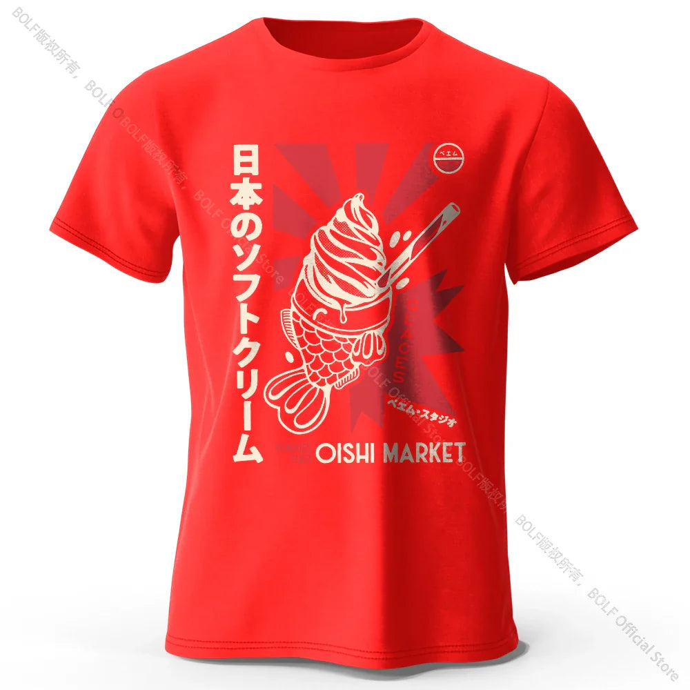 Japanese Foodie Print 100% Cotton T-Shirt, Soft & Breathable Round Neck Short Sleeve Tee, Unisex Cute & Cultural Style