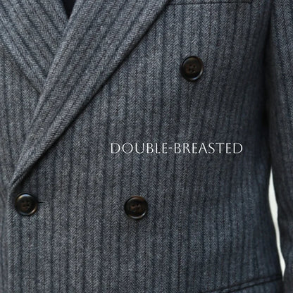 New Thick Style Stripes Herringbone Pattern Men's 2-Piece Suit Double-Breasted Slim Fit Jacket Trousers Vintage Braze Suit