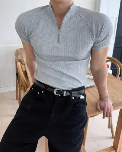 Summer New Men's Sportswear Casual Running And Fitness Stretch Solid Color Zipper Simple Striped Thick Short-sleeved T-shirt