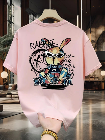 Men's summer 100% pure cotton fashionable casual loose black rabbit cartoon pattern printed round neck short sleeved T-shirt top