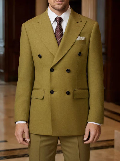 2026 New Double-Breasted Peak Lapel Men's Suit Set Two-Piece Coffee Beige Pink (Jacket   Pants) Casual Business B
