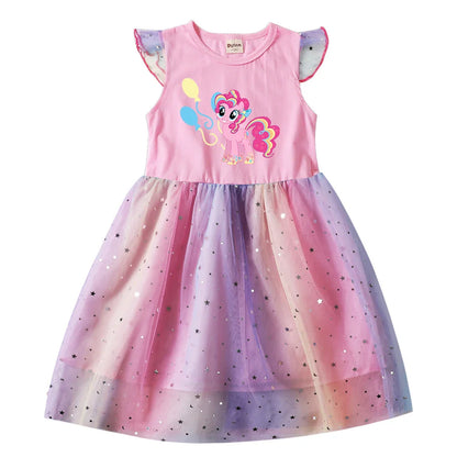 My Little Ponys Baby Girls Dress Children Cartoon Mesh Star Sequins Princess Dress Kids Flying Sleeve Skirt For Birthday Gift