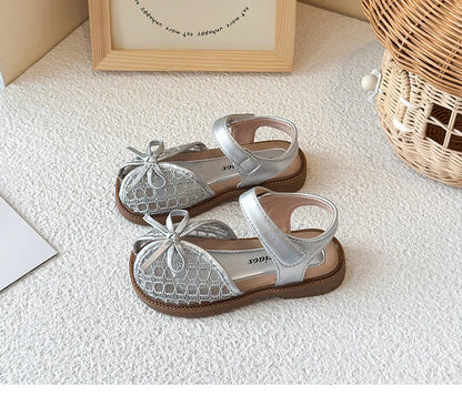 New Summer Girls Sandals Princess Beach Shoes Braided Peep-toe Kids Sandals Butterfly-knot Sweet Soft Breathable Footwear I10317