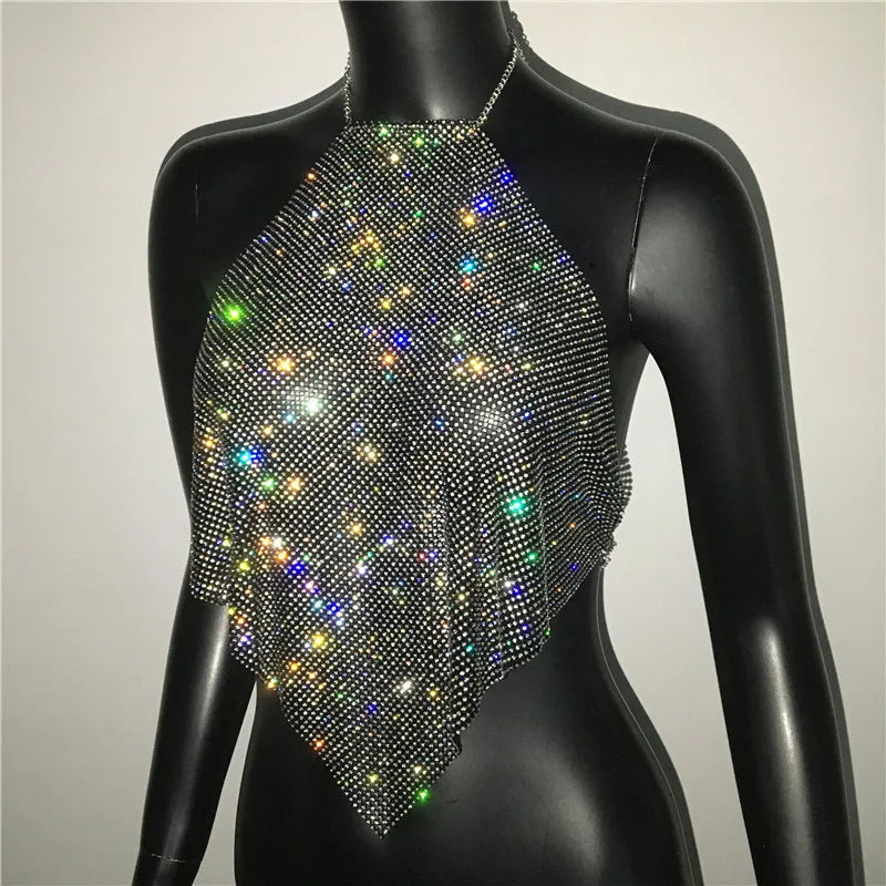 Fashion Summer Backless Tank Top Women Shiny Rhinestone Metal Sequins Halter Neck Camisole Rave Festival Party Crop Tops