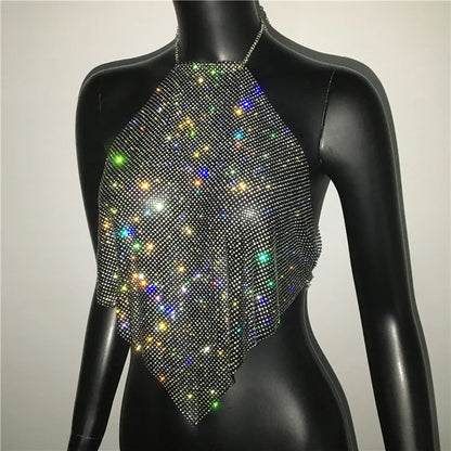 Fashion Summer Backless Tank Top Women Shiny Rhinestone Metal Sequins Halter Neck Camisole Rave Festival Party Crop Tops
