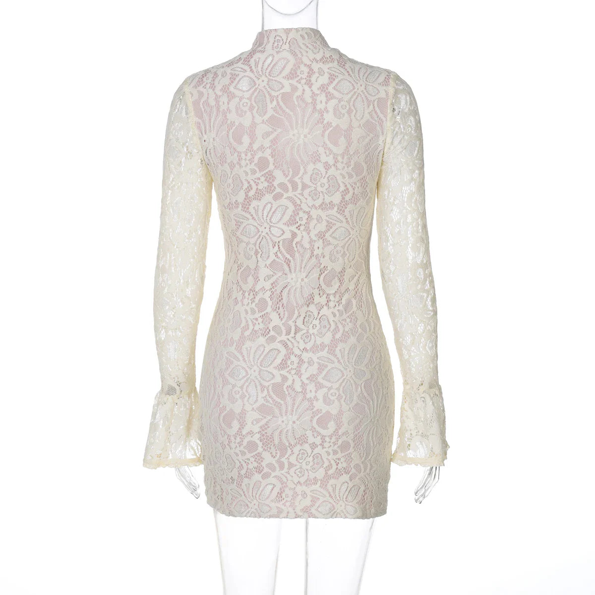 Turtleneck Long Flare Sleeve Patchwork Lace Hollow Out Button Sexy Mini Dress 2025 Spring Women Clothes Party Nightclub