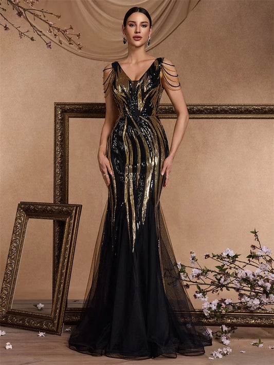 New Elegant V-Neck Beading Sequin Evening Dress Long Luxury Women Formal Mermaid Dress Party Prom Cocktail Gowns