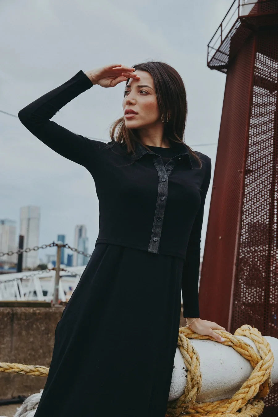 ribbing cardigan with denim collar + sleeveless maxi dress matching set for woman clothes