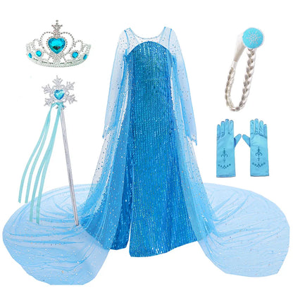 Toddler Shimmering Elsa Maxi Dress Feastured Princess Snow Queen Costume Full Bodice Sequins Embellished Christmas Party Frocks