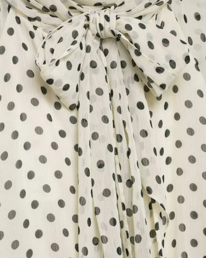 Elegant Women Polka Dot Blouse, Spring Bow Tie Lantern Sleeve Layered Neck Chiffon Shirt, Casual Daily Office Top