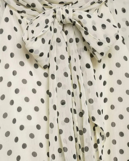 Elegant Women Polka Dot Blouse, Spring Bow Tie Lantern Sleeve Layered Neck Chiffon Shirt, Casual Daily Office Top