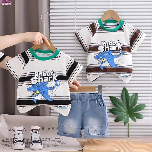 2026 Adorable Children Clothing Outfit Kids Boys Sets Summer 1-5Y Baby Boys Cotton Striped Shark Print T-Shirt and Denim Shorts